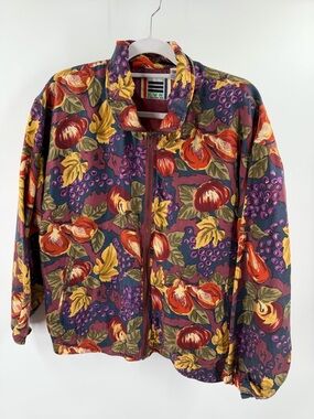 EVR 100% Silk Vintage Full Zip Bomber Jacket Fruits Leaves Size Medium